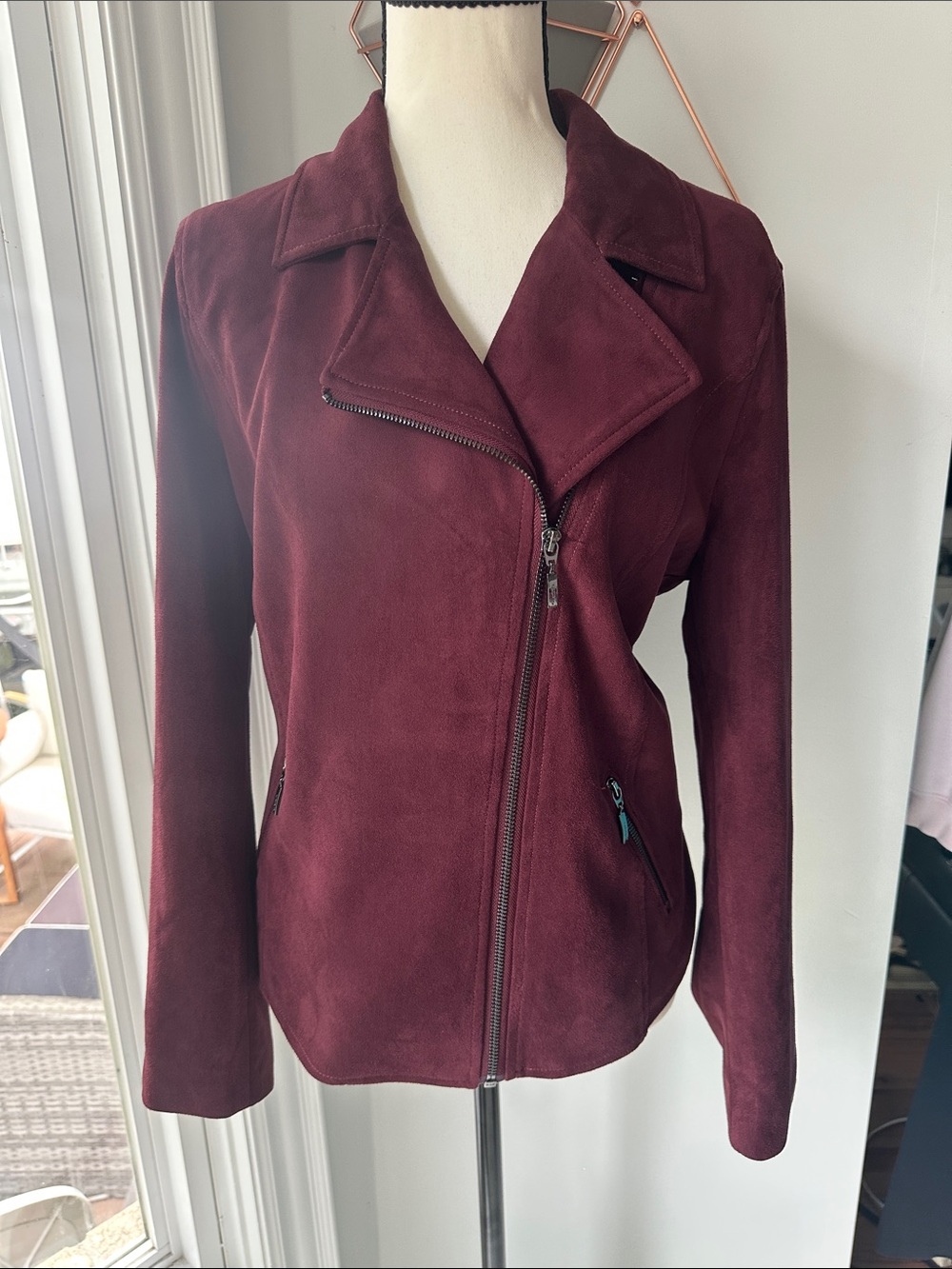 OLSEN Women's Faux Suede Asymmetrical Zip Moto Jacket Burgundy Wine Red Size 12